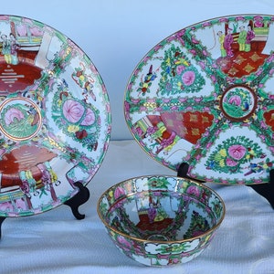 Vintage Rose Medallion Bowl and Platters, Porcelain Chinese Famille Hand Painted Serving Dish,