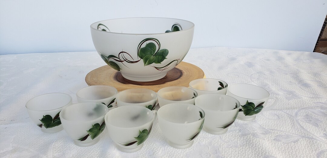 Vintage Frosted Glass Punch Bowl and Cups Large Hand Painted Etsy