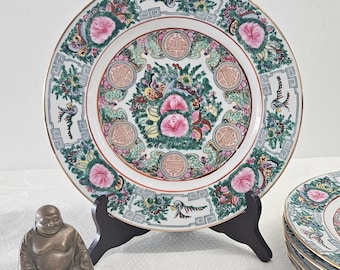 Vintage Porcelain Hand Painted Rose Medallion 10 1/2" Dinner Plate,