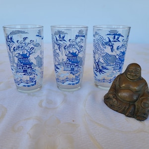 Vintage Blue Willow Glass Tumblers,  Drinking Glass with Classic Blue Willow Pattern,