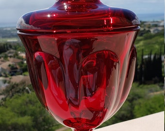 Vintage Viking Pedestal Ruby Red Footed Glass Covered Candy Bowl