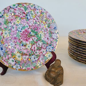 Vintage Mille Fleur Dinner Plates, Porcelain Gold Gild Hand Painted Dinner Plates,  A Dinner Plate Of A Thousand Flowers,