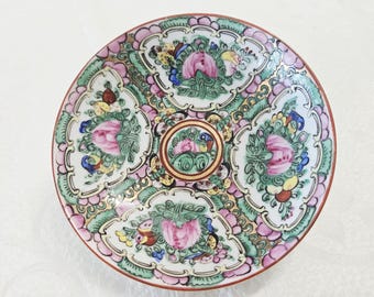 Vintage Chinese Hand Painting Porcelain Canton Rose Medallion 5.5" Fruit Bowl,