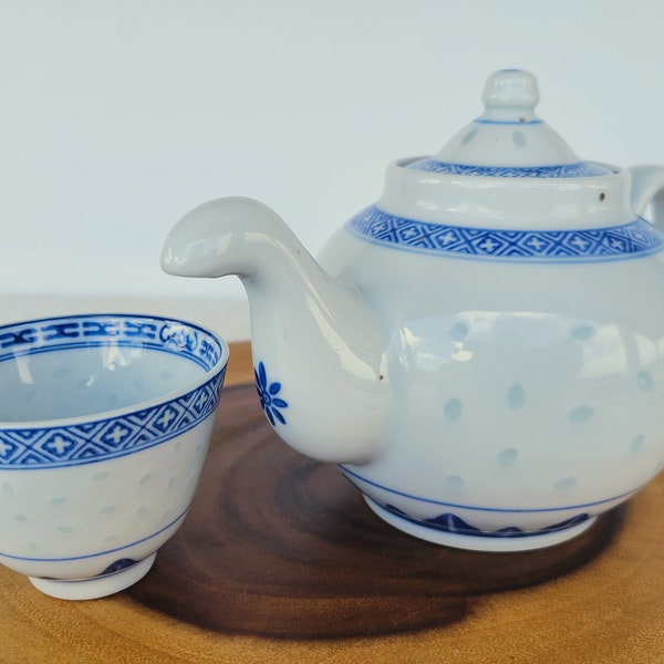 Vintage Porcelain Chinese Dragon Small Teapot and Cup with Rice Eyes Trim, Made in Jingdezhen China, Ceramic Rice Ware Blue Diamond Band