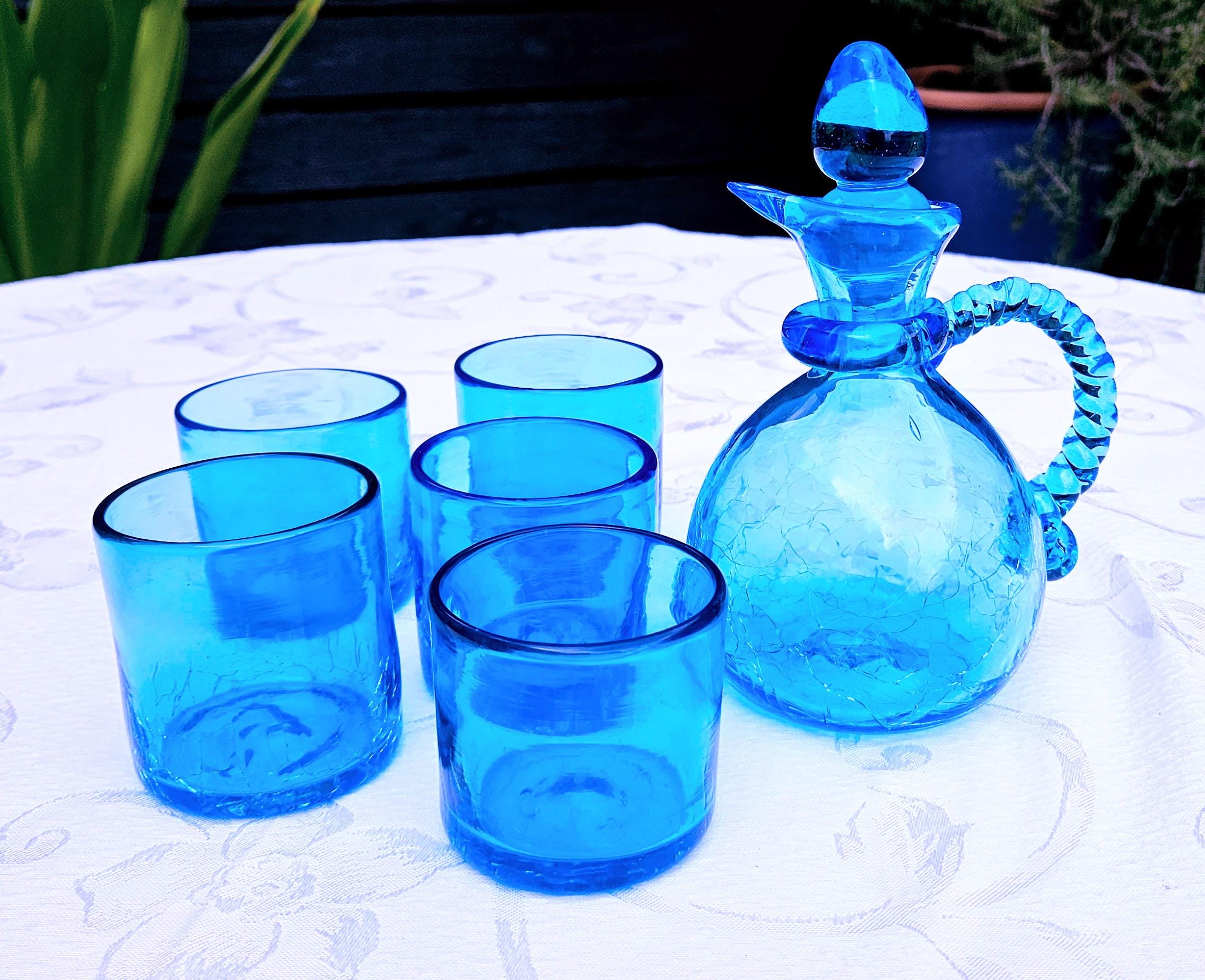 Vintage Italian Crackle Glass Decanter Set, Turquoise Blue (broken