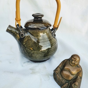Japanese Pottery Glazed Tea Pot With Natural Bamboo Handle, Heavy Dark Green Glazed Tea Pot