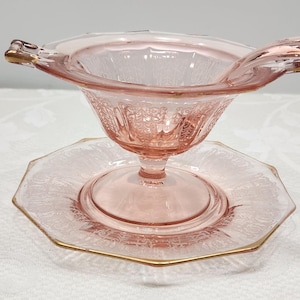 Vintage Cambridge Etched Glass Mayonnaise Bowl With Matching Under Plate Trimmed In Gold And Glass Serving Spoon,  Cleo Pink Blown Glass,