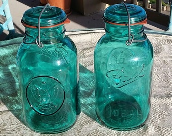 Two Vintage 1976 Bicentennial Ball Ideal Teal Glass Jar