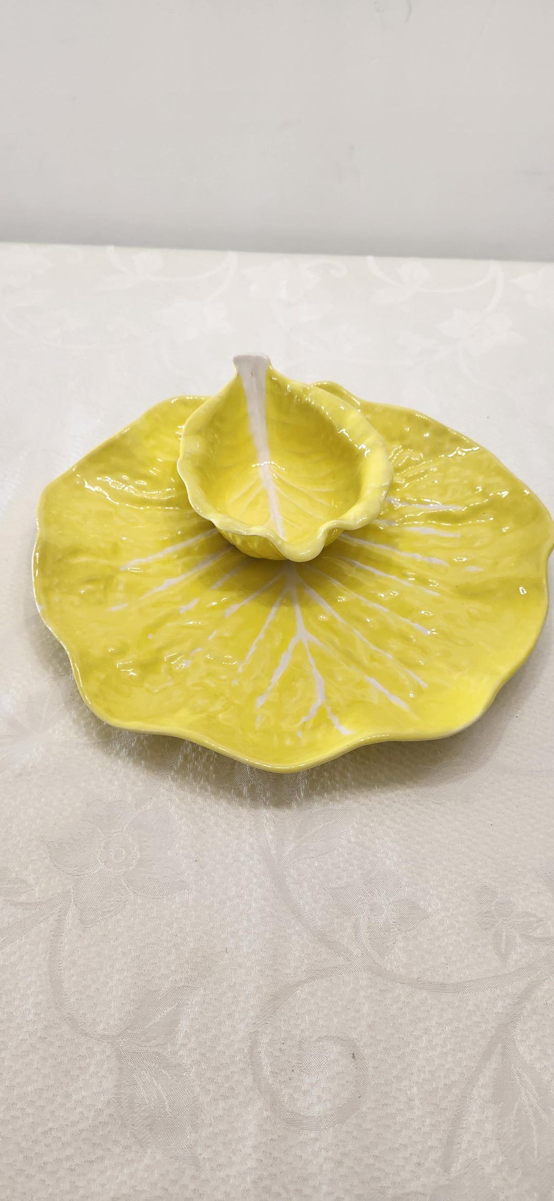 Vintage Yellow Majolica White Vein Cabbage Leaf Dish by Secla