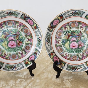 Rose Medallion Soup Bowls, Vintage Porselein Hand Painted Rose Medallion Griekse sleutel met vogels, vlinders en pioenrozen,