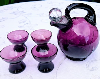 Vintage Hand Blown Burgundy Italian Decanter With Cordial Glasses, Glass Decanter With Grounded Stopper, Glass Bottle,