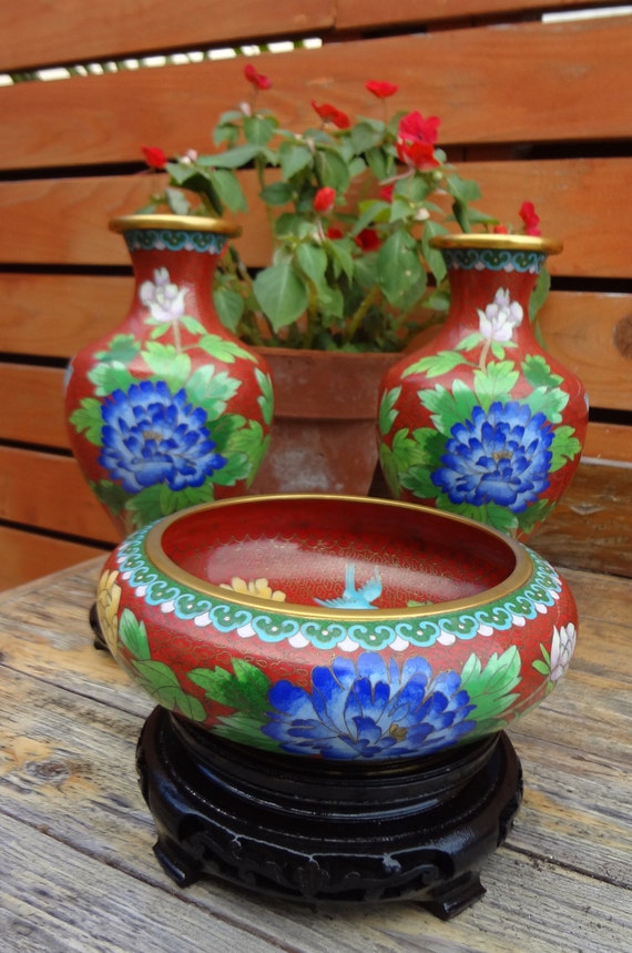 Jingfa Vintage Chinese Cloisonne Vases and Bowl - Etsy