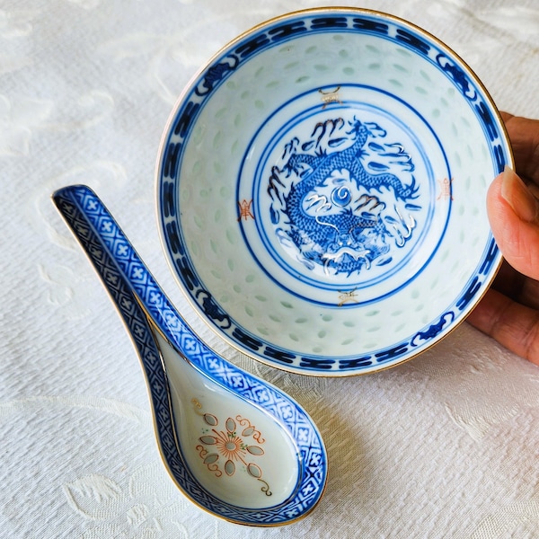 Vintage Porcelain Chinese Dragon Rice/Soup Bowl with Rice Eye Trim And Soup Spoon, Made in Jingdezhen China, Blue/ White/RED Rice Bowls,