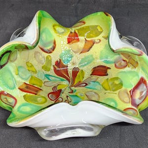 Vintage Murano venezianische Hand geformte Schüssel, Murano Tutti Frutti Tosi dekorative Schüssel Made in Italien, buntes Süßigkeitsgericht,