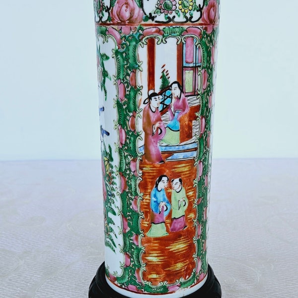 Antique Rose Medallion Famille Cylindrical Vase with stand. Hand painted vase with scenic panels of Family and peonies,greenery and birds.