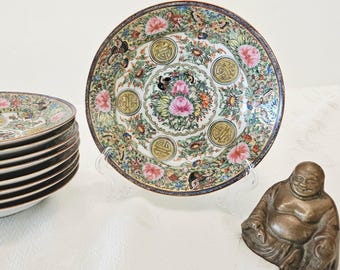 Antique Rose Medallion Gold Gild Soup Bowl, Porcelain Hand Painted Butterflies, Peonies, Birds, Brightly Hand Painted Plate, Blue Trim,