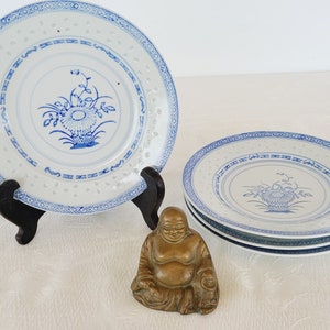Vintage Porcelain Chinese Flower 8 Inch Salad/Bread Plates with Rice Eyes Trim, Made in Jingdezhen ,Ceramic Rice Ware w/Blue Diamond Band