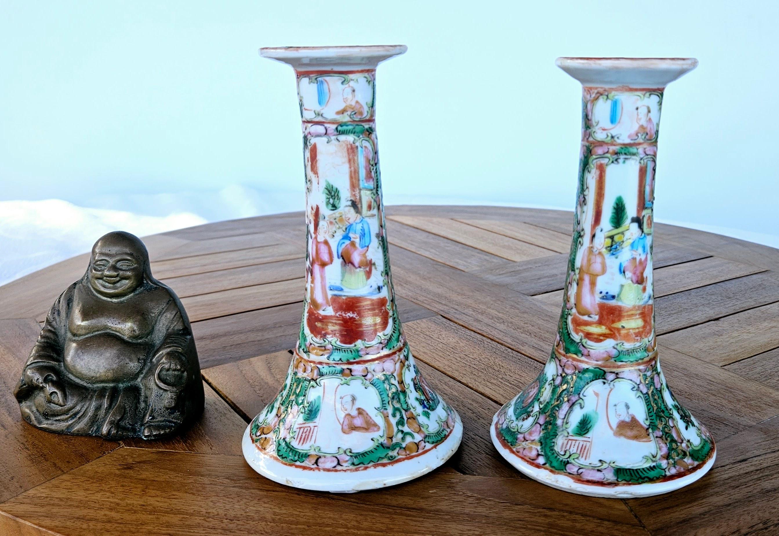 Antique Rose Medallion Famille Candle Stick Holder, Porcelain Hand Painted