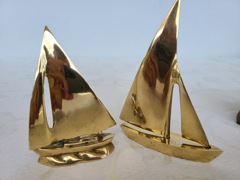Vintage Brass Sail boats Miniature Metal Schooners Two Nautical Sailing Boats,