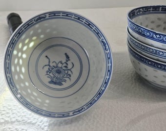 ヴィンテージ中国磁器手描き龍と鳳凰ライスボウル 10 個 新品同様