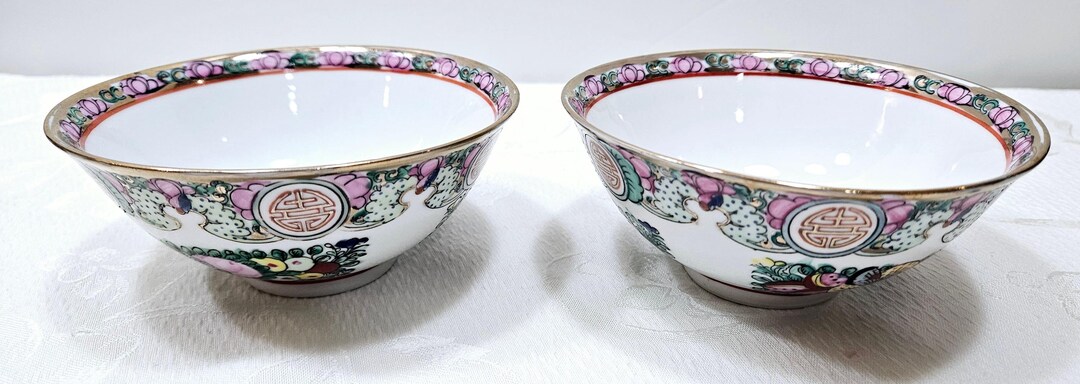 Vintage Rose Medallion Flared Rice Bowls, Hand Painted Rose Medallion ...