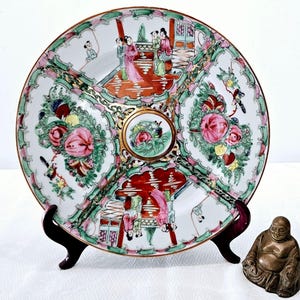 Vintage Famille Rose Medallion Round 12&quot; Charger, Chinese Hand Painted Porcelain with Butterfly, Mocking Birds, Peonies & People