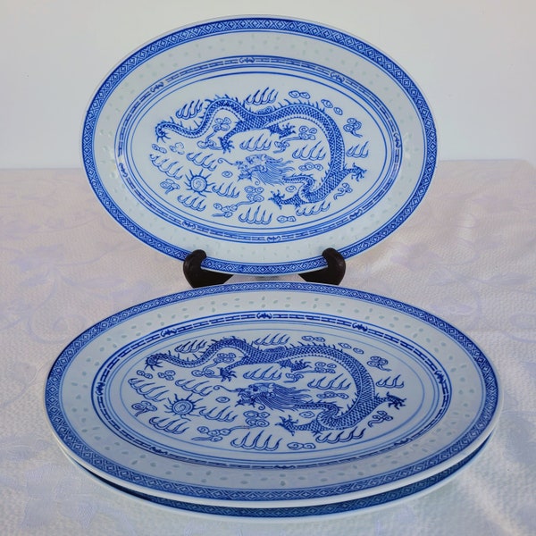 Vintage Porcelain Chinese Dragon Rice Eye Oval Serving Platters,  Made in Jingdezhen China, Ceramic Rice Ware w/ Blue Diamond Band