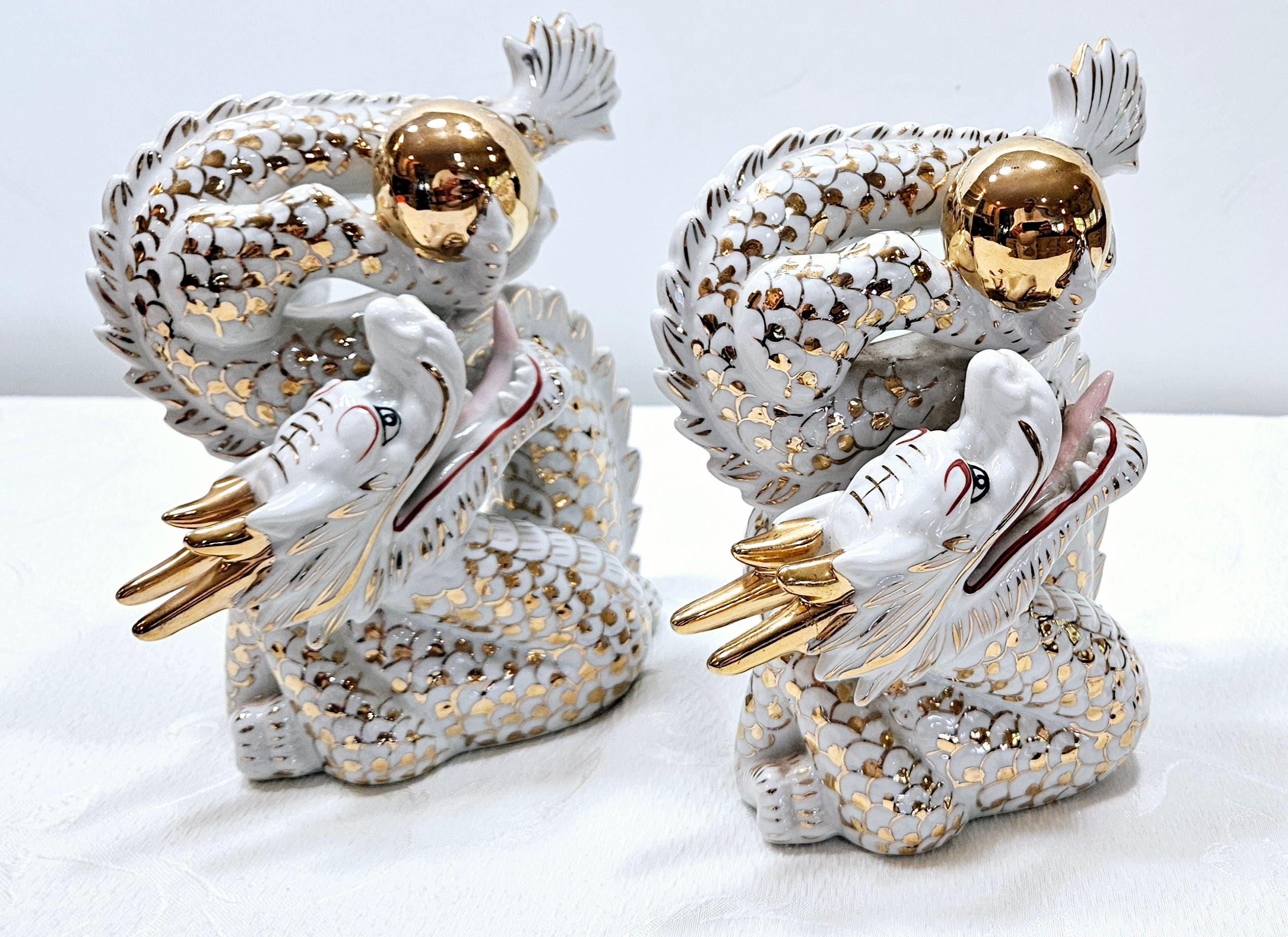 Vintage Porcelain Dragon Figurines, White and Gold Gilded Decor - Etsy
