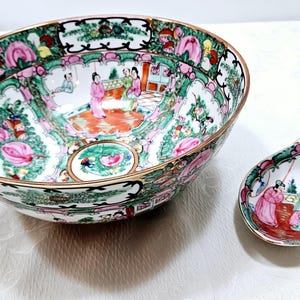 Vintage Rose Medallion Famille Decorative Bowl And Serving Spoon, Porcelain Hand Painted Rose Medallion With Birds, Butterflies, and Peonies