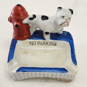 Vintage Ceramic Ashtray With Cute Bull Dog And Fire Hydrant, &quot;No Parking&quot; Sign On  Glazed Rectangle Shape Ash Tray,
