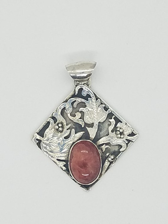 Vintage Sterling Silver pendant with Rhodochrosit… - image 1