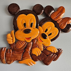 Vintage Disney Baby Mickey And Minnie Mouse Intarsia Decorative Wall Plaque, Disney Hand Made Wooden Wall Display,