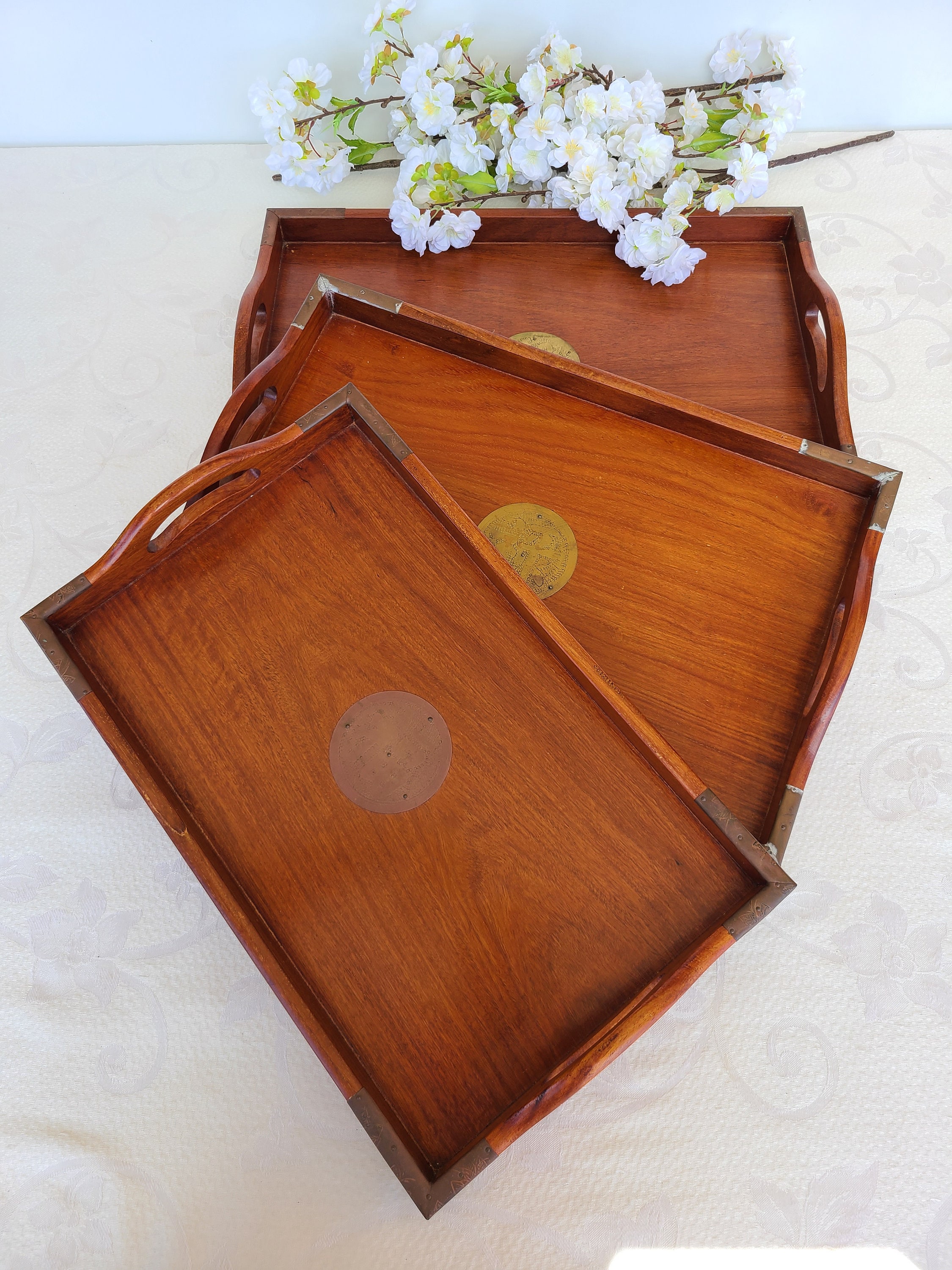 Vintage Chinese Rosewood Serving Trays, Three Piece Wooden Vintage Chinese Rosewood Serving Trays, Three Piece Wooden