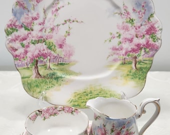 Vintage Royal Albert Blossom Time China Creamer, Sugar, Plate Set