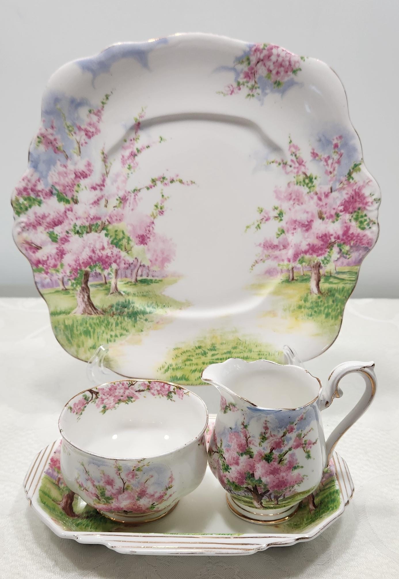 Vintage Royal Albert Blossom Time China Creamer, Sugar, Plate Set