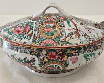 Vintage Hand Painted Rose Famille Greek Key Covered Soup Tureen,