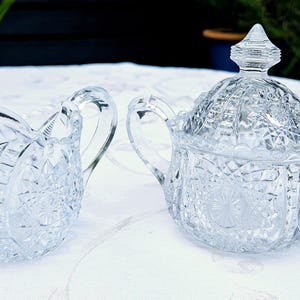 Antique EAPG Covered Sugar & Creamer Set, Brilliant Cut Clear Pressed Glass Sawtooth Edges Creamer And Covered Sugar,