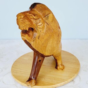 Vintage Hand Carved Solid Wood Roaring Lion,  Two Color Variation Wooden Standing Lion With Flowing Mane,