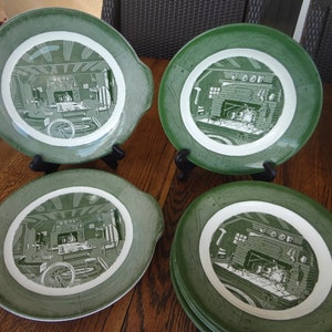 Vintage Ceramic Colonial Homestead Green Dishes And Cake Plates By Royal, Made In The USA,