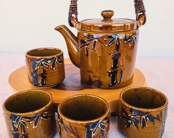 Vintage Hand Crafted Brown Glazed Teapot and Tea cups, Ceramic Tea Pot And Mugs With Bamboo Design,