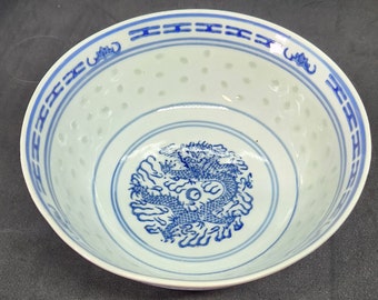 Vintage Blue and White Dragon Porcelain Rice Pattern Dishware, Chinese Rice Eye Ramen Bowl,