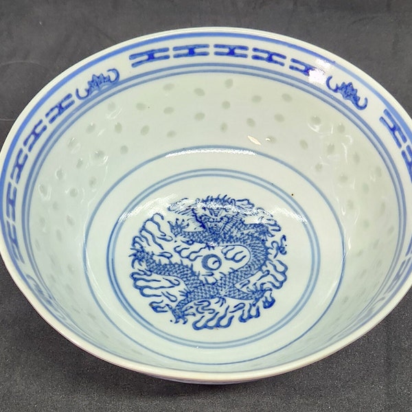 Vintage Blue and White Dragon Porcelain Rice Pattern Dishware, Chinese Rice Eye Ramen Bowl,