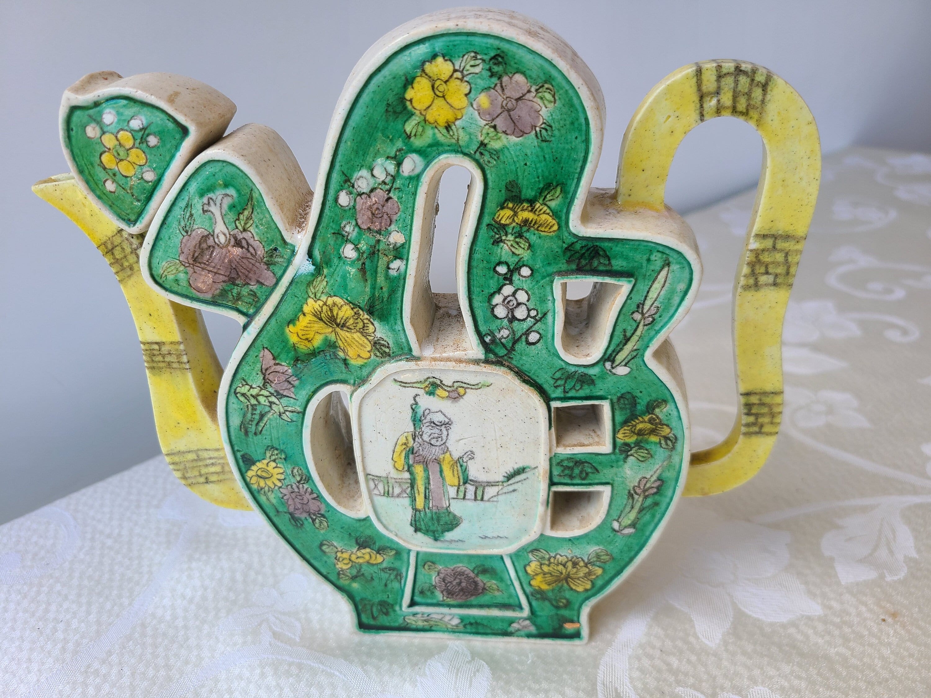 Antique Famille Verte Chinese Puzzle Jug, 19th Century Porcelain