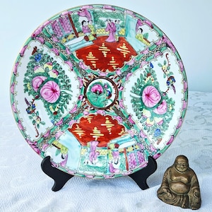 Vintage Famille Rose Medallion Round Shallow Serving Bowl, Chinese Hand Painted Shallow Serving Bowl with Butterfly, birds, & People