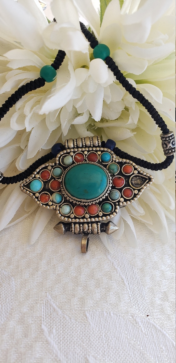 Pendentif antique de boîte à prières WINGED, corail turquoise, argent Np44 - France