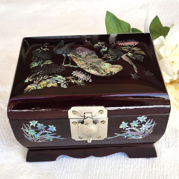 Vintage Korean Musical Jewelry Box with Inlaid Abalone and Mother of Pearl picture of peacocks, butterflies & chrysanthemums, Turtle Closure