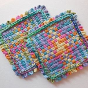 Two Woven Potholders, Medieval Mermaid Kitchen Décor, Waldorf Teacher Gift, Eco Friendly Gift for Baker, Boho Potholders for College Student
