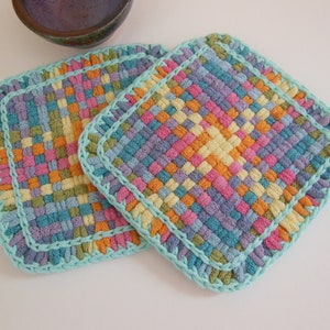 Two Woven Potholders, Medieval Mermaid Kitchen Décor, Waldorf Homeschool, Waldorf Inspired Homeschool Baking, Crochet Trivets, Fiber Art