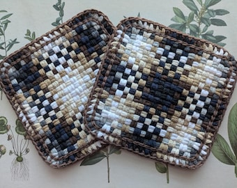 Two Handcrafted Potholders, Derest Kitchen Decor, Gift for Bridal Shower, Earthy Color Scheme, Chocolate-Colored Baking Supplies, Fiber Art