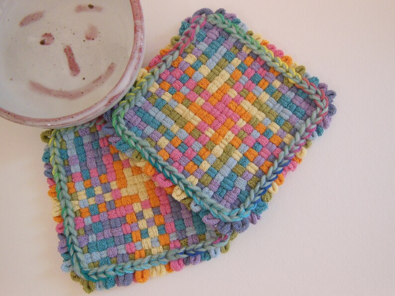Two Woven Potholders or Two Extra Large Woven Coasters, Medieval